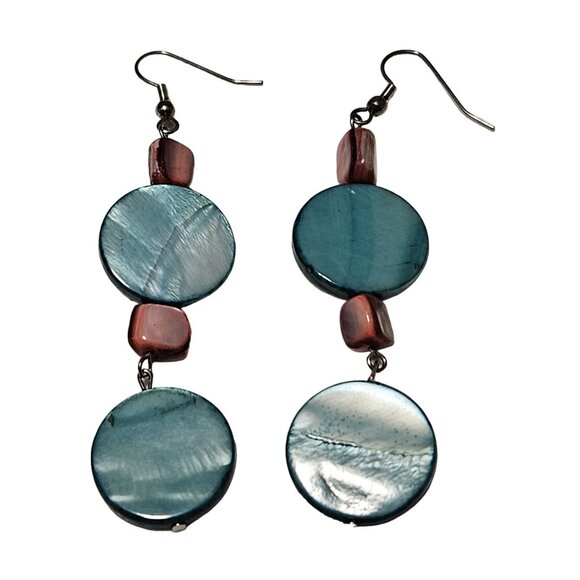 Handcrafted Boho Shell Dangle Earrings Blue Pink Discs Fashion Jewelry Women - Picture 2 of 4